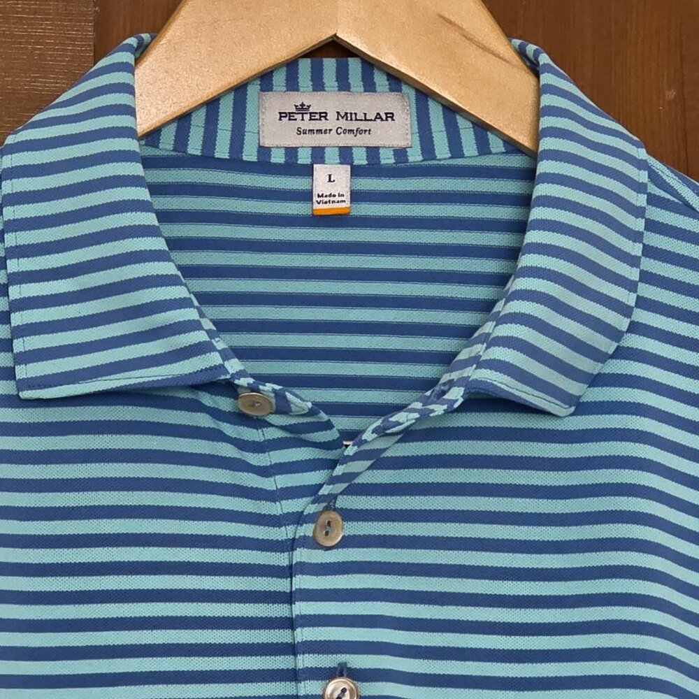 PETER MILLAR Summer Comfort Teal/Blue Stripe S/S polo Large